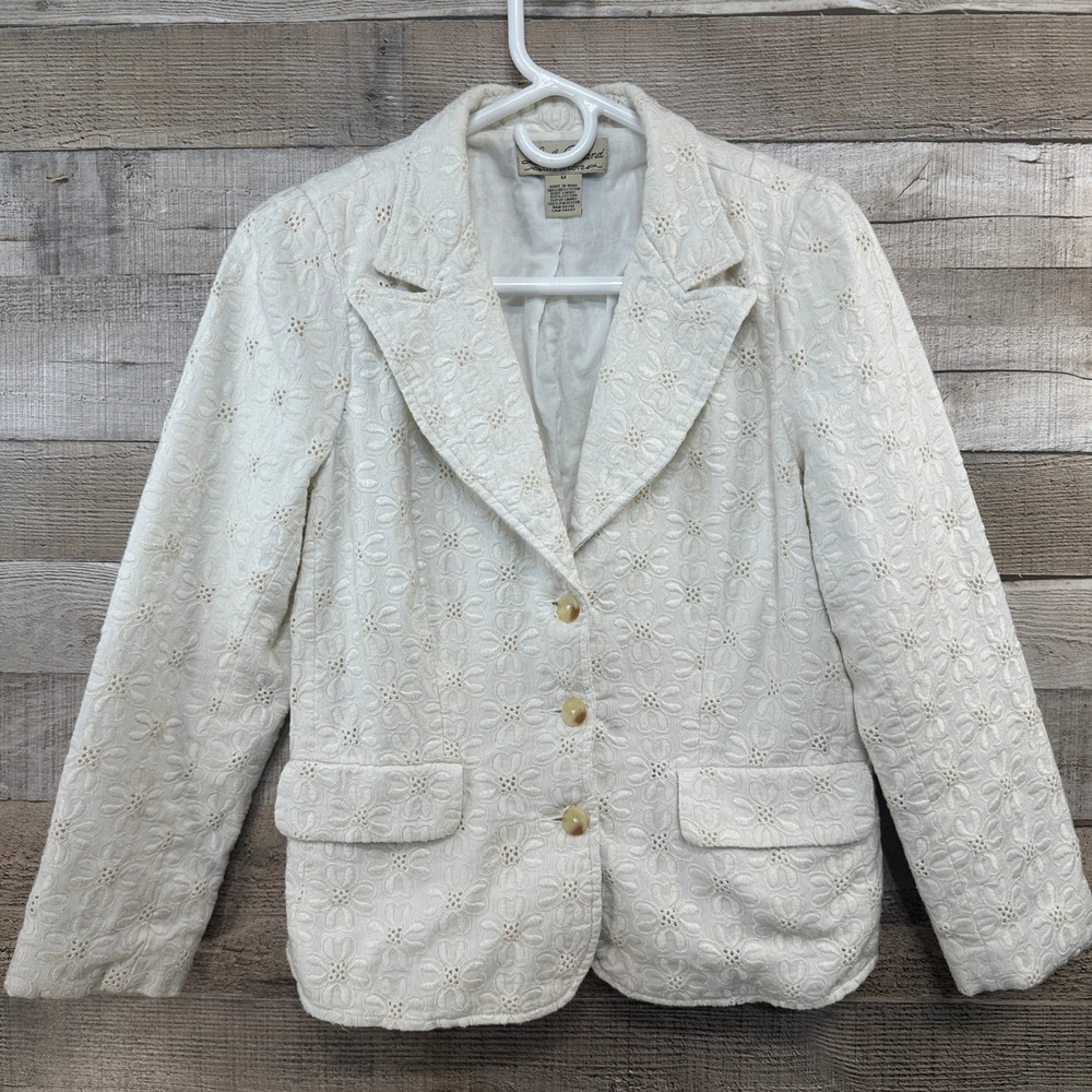 Lucky Brand Womens Ivory Floral Eyelet Lace Blazer Jacket 100% Cotton Size M